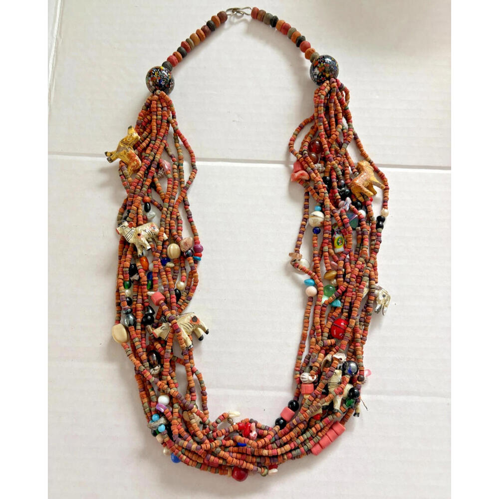 Colorful Handmade Beaded Necklace w/ Wood Animals & Glass Beads Boho Artisan